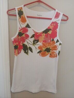 Reitmans White Cotton Ribbed Tank Top with Pink & Orange Floral Print